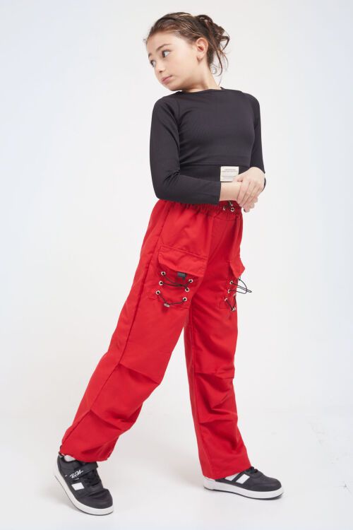 Kırmızı Bağcık Cep Detaylı Kız Çocuk Paraşüt Pantolon 17634