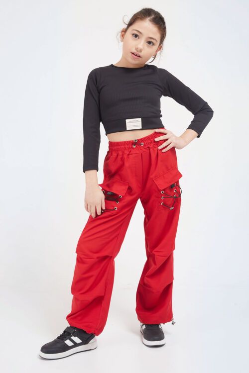 Kırmızı Bağcık Cep Detaylı Kız Çocuk Paraşüt Pantolon 17634