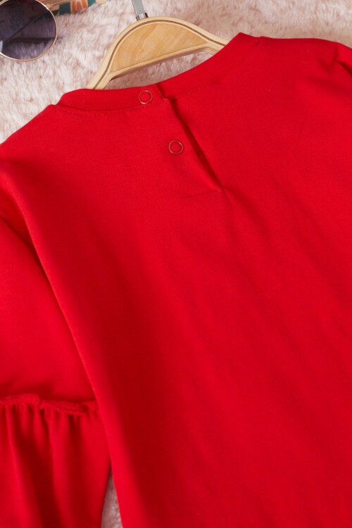 Kırmızı Çiçek Baskılı Pullu Kız Bebek Takım 17469