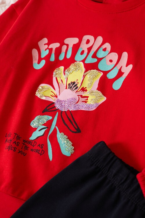 Kırmızı Çiçek Baskılı Pullu Kız Bebek Takım 17469