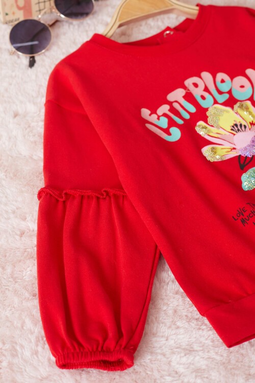 Kırmızı Çiçek Baskılı Pullu Kız Bebek Takım 17469