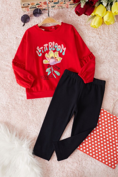 Kırmızı Çiçek Baskılı Pullu Kız Bebek Takım 17469