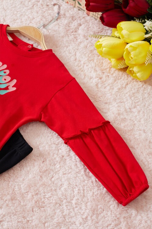 Kırmızı Çiçek Baskılı Pullu Kız Bebek Takım 17469