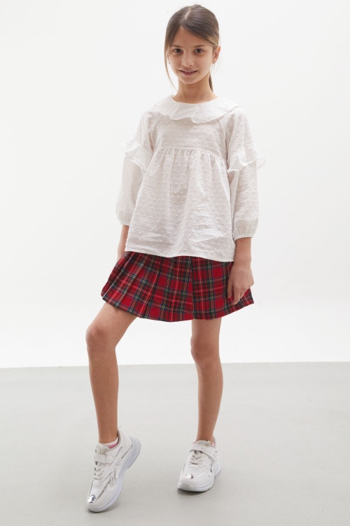 Kırmızı Ekose Desenli Şort Etekli Gömlekli Kız Takım 17975