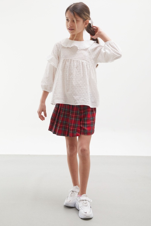 Kırmızı Ekose Desenli Şort Etekli Gömlekli Kız Takım 17975