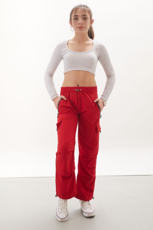 Kırmızı Fermuar Cepli Kız Çocuk Paraşüt Pantolon 18062