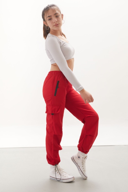 Kırmızı Fermuar Cepli Kız Çocuk Paraşüt Pantolon 18062