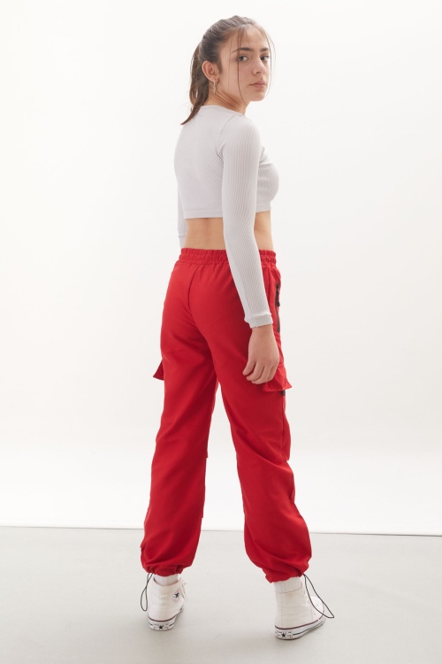 Kırmızı Fermuar Cepli Kız Çocuk Paraşüt Pantolon 18062