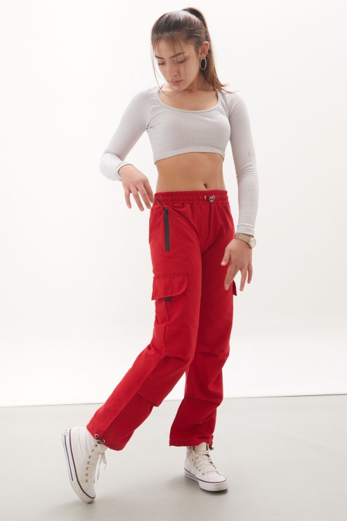 Kırmızı Fermuar Cepli Kız Çocuk Paraşüt Pantolon 18062