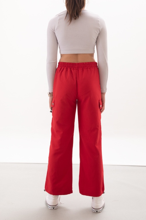 Kırmızı Kapak Detaylı Beli Lastikli Kız Paraşüt Pantolon 18058