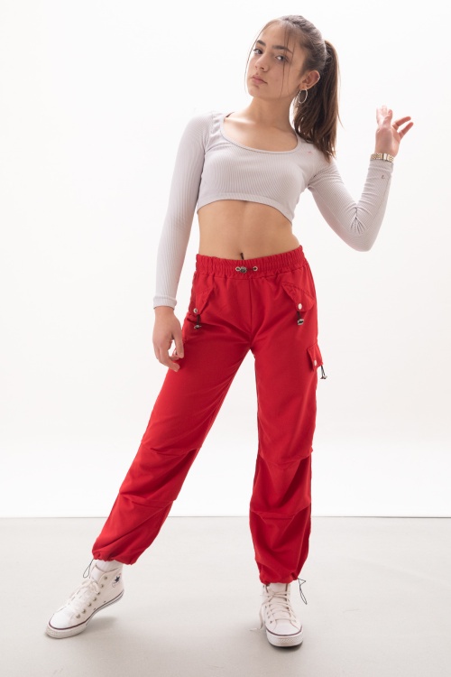 Kırmızı Kapak Detaylı Beli Lastikli Kız Paraşüt Pantolon 18058