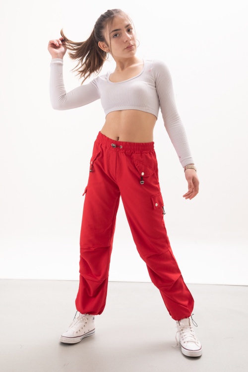 Kırmızı Kapak Detaylı Beli Lastikli Kız Paraşüt Pantolon 18058