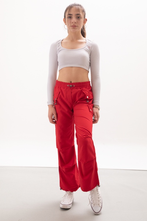 Kırmızı Kapak Detaylı Beli Lastikli Kız Paraşüt Pantolon 18058