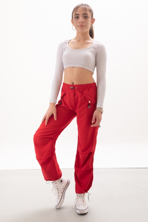 Kırmızı Kapak Detaylı Beli Lastikli Kız Paraşüt Pantolon 18058