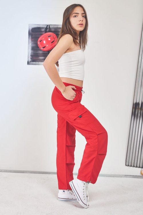 Kırmızı Kargo Cep Lastikli Paça Kız Paraşüt Pantolon 17595