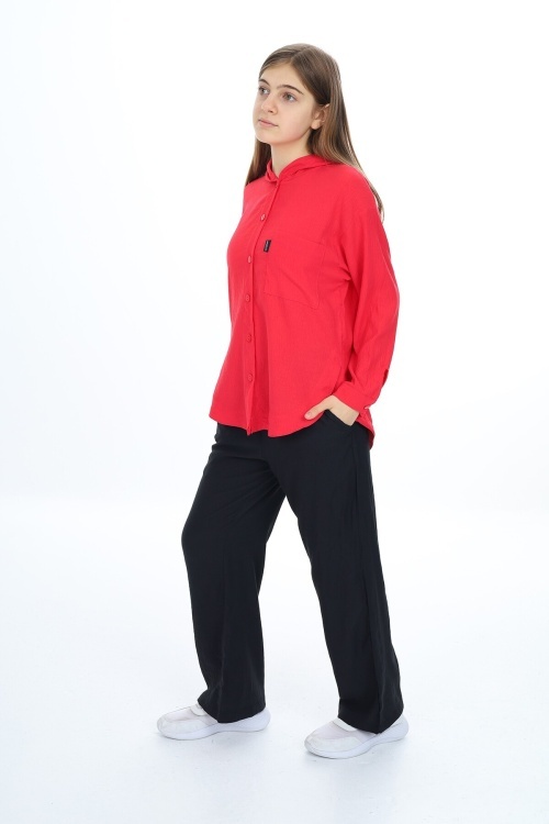 Kırmızı Kız Çocuk Kapüşonlu Gömlekli Takım 17960