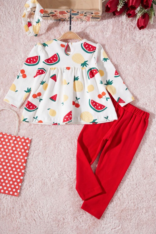 Kırmızı Meyve Desenli Bandanalı Kız Bebek Takım 17392