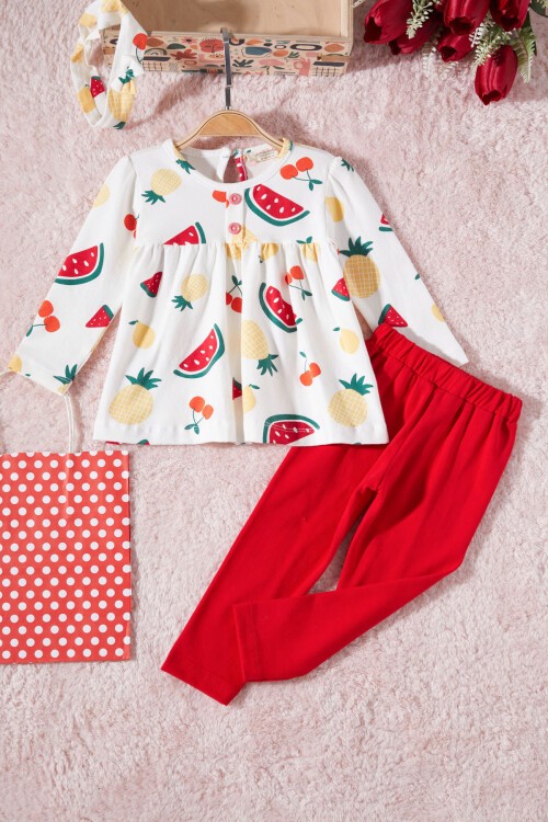 Kırmızı Meyve Desenli Bandanalı Kız Bebek Takım 17392