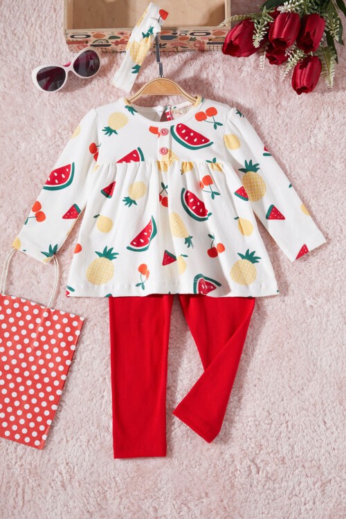 Kırmızı Meyve Desenli Bandanalı Kız Bebek Takım 17392