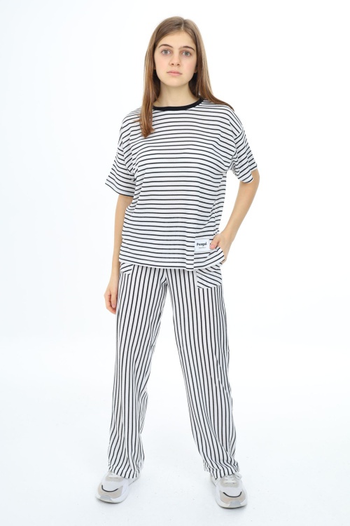 Siyah Kısa Kollu Çizgili Kız Çocuk Takım 17978