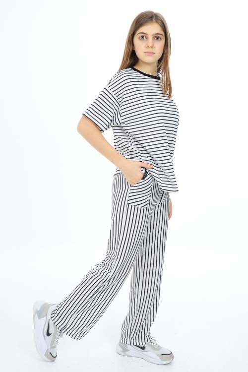 Siyah Kısa Kollu Çizgili Kız Çocuk Takım 17978