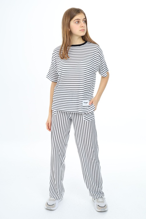 Siyah Kısa Kollu Çizgili Kız Çocuk Takım 17978