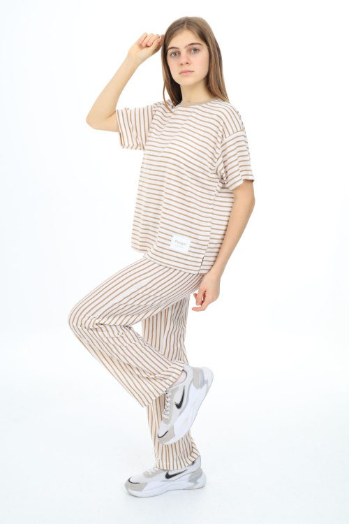 Kahverengi Kısa Kollu Çizgili Kız Çocuk Takım 17979