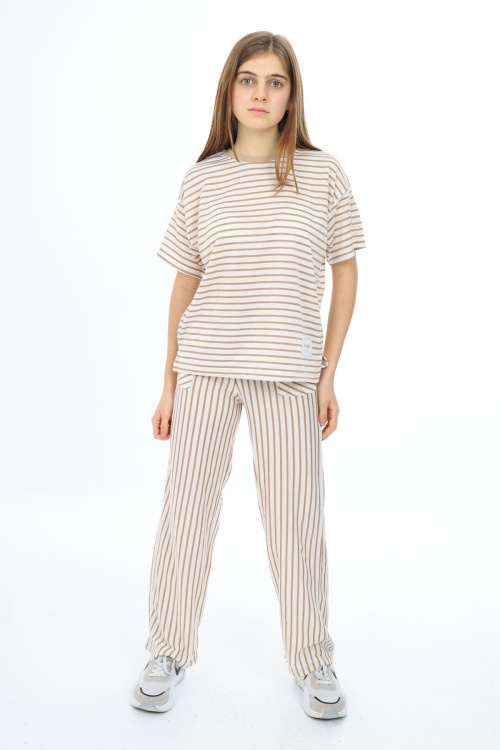 Kahverengi Kısa Kollu Çizgili Kız Çocuk Takım 17979