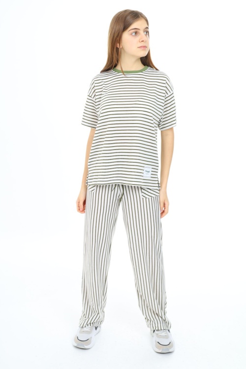 Haki Kısa Kollu Çizgili Kız Çocuk Takım 17980