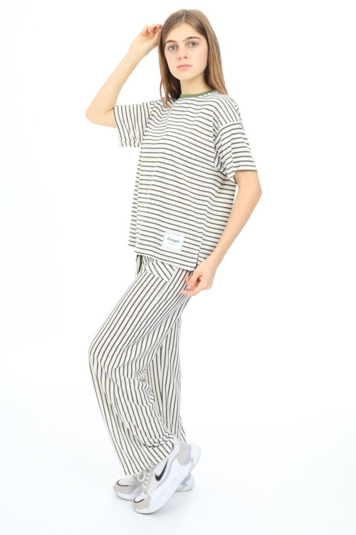 Haki Kısa Kollu Çizgili Kız Çocuk Takım 17980