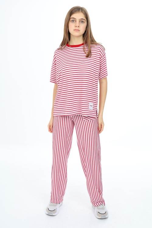 Kırmızı Kısa Kollu Çizgili Kız Çocuk Takım 17981