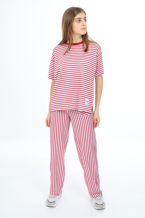 Kırmızı Kısa Kollu Çizgili Kız Çocuk Takım 17981
