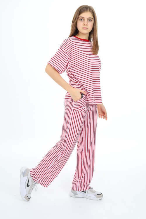 Kırmızı Kısa Kollu Çizgili Kız Çocuk Takım 17981