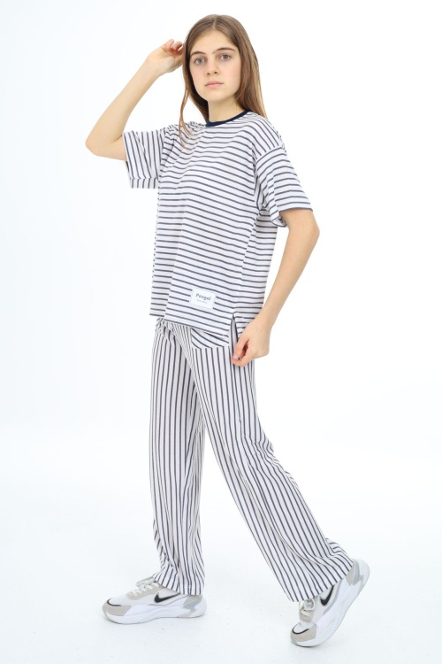 Lacivert Kısa Kollu Çizgili Kız Çocuk Takım 17982