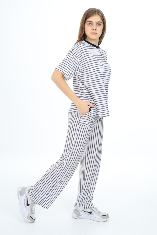 Lacivert Kısa Kollu Çizgili Kız Çocuk Takım 17982