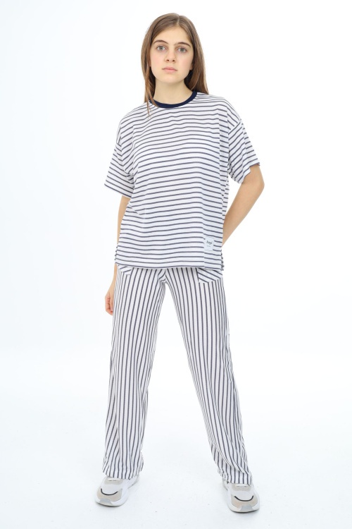 Lacivert Kısa Kollu Çizgili Kız Çocuk Takım 17982