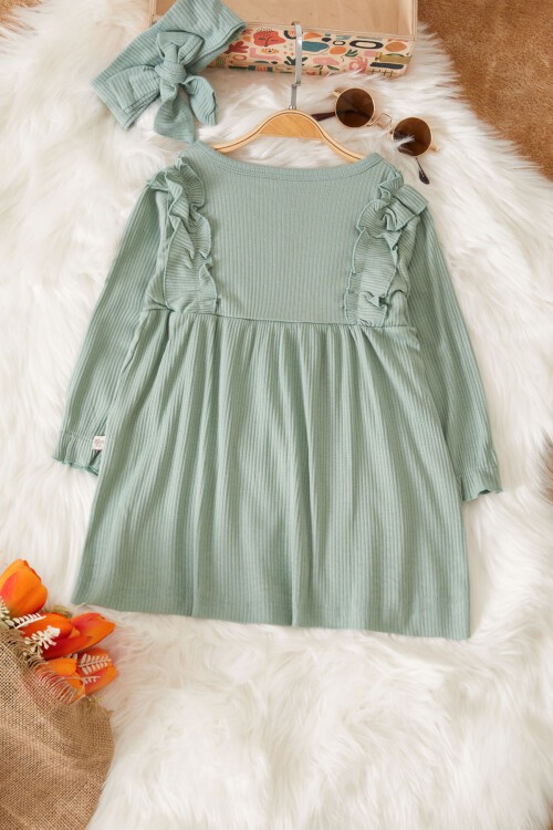 Kız Bebek Fiyonk Detaylı Bandanalı Haki Elbise 17502