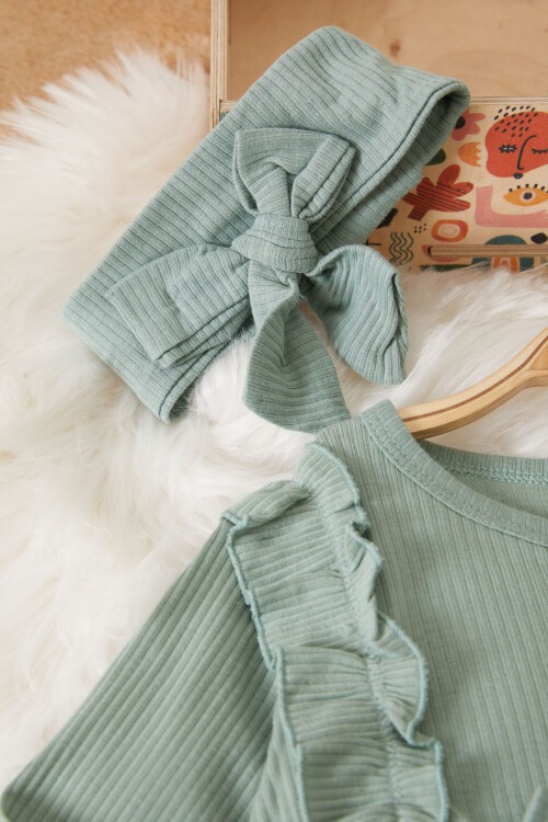 Kız Bebek Fiyonk Detaylı Bandanalı Haki Elbise 17502