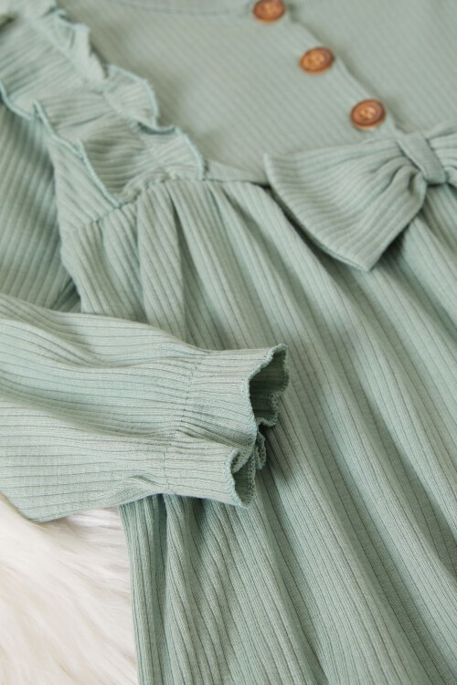 Kız Bebek Fiyonk Detaylı Bandanalı Haki Elbise 17502