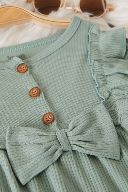 Kız Bebek Fiyonk Detaylı Bandanalı Haki Elbise 17502