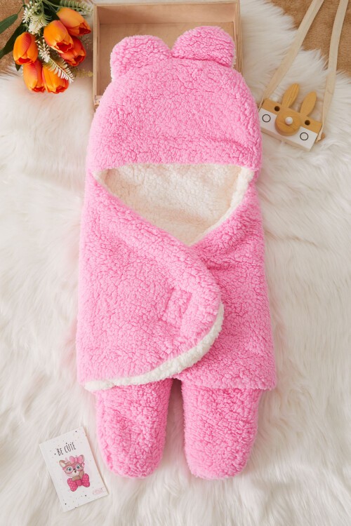 Kız Bebek Pembe Kulaklı Peluş Kundak 17488