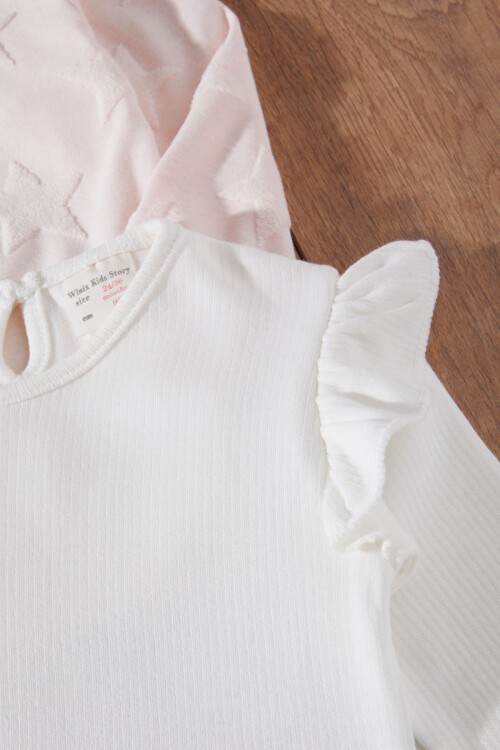 Kız Bebek Yıldızlı Volanlı 2li Sweatshirt Somon-Ekru 17339