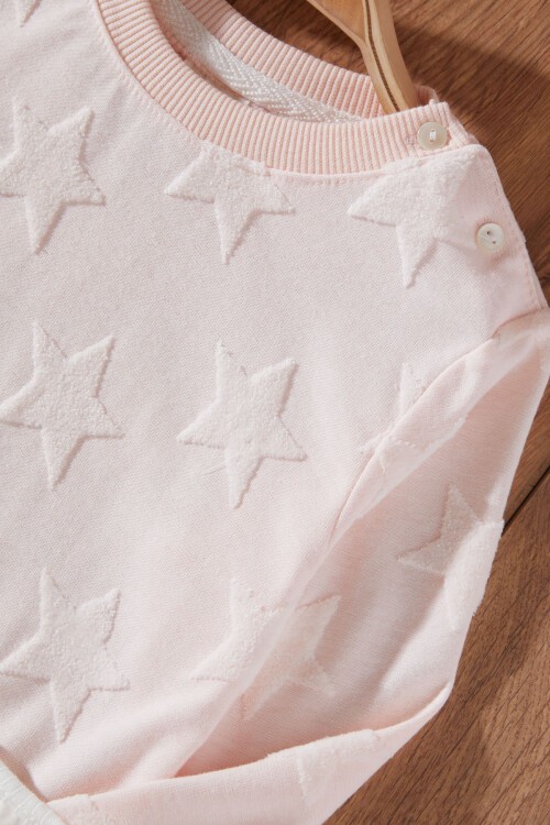 Kız Bebek Yıldızlı Volanlı 2li Sweatshirt Somon-Ekru 17339