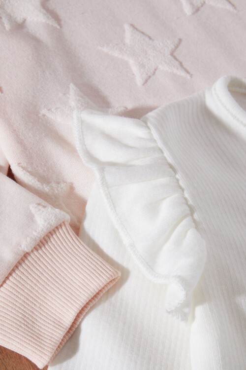 Kız Bebek Yıldızlı Volanlı 2li Sweatshirt Somon-Ekru 17339