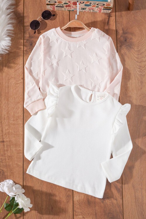Kız Bebek Yıldızlı Volanlı 2li Sweatshirt Somon-Ekru 17339