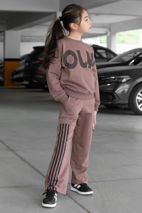 Kız Çocuk Kahverengi Şerit Baskılı Takım 17145