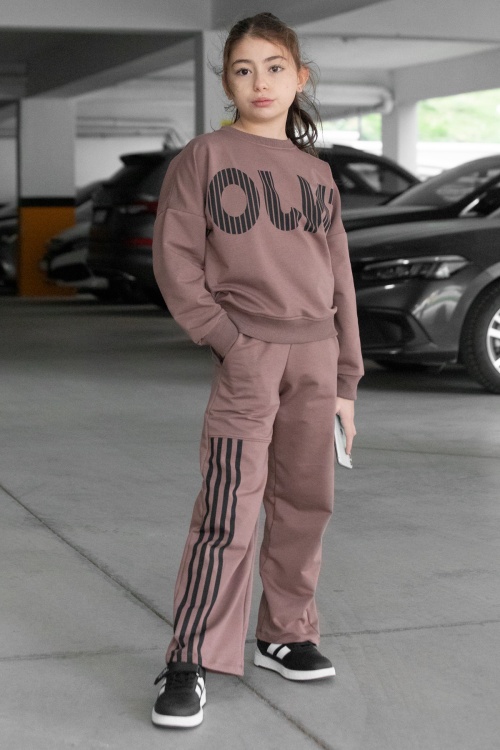 Kız Çocuk Kahverengi Şerit Baskılı Takım 17145