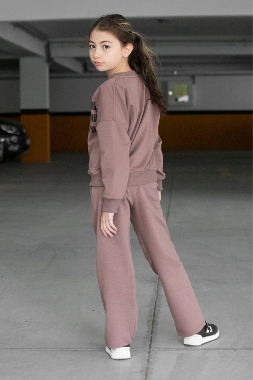 Kız Çocuk Kahverengi Şerit Baskılı Takım 17145