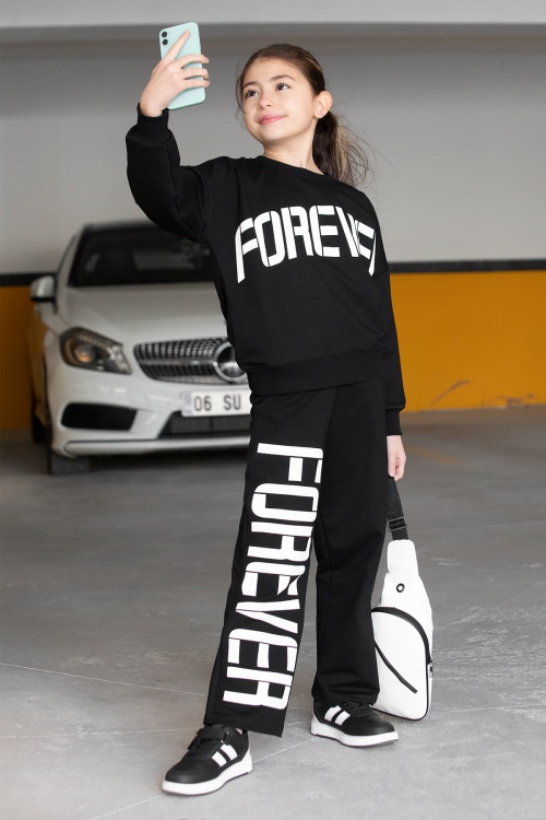 Kız Çocuk Siyah Yazı Baskılı Takımı 17143