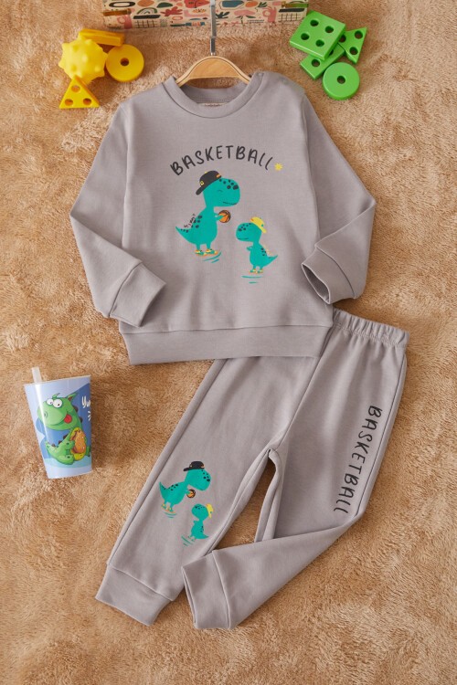 Koyu Gri Dinozor Baskılı Basketball Yazılı Erkek Bebek Takım 17550